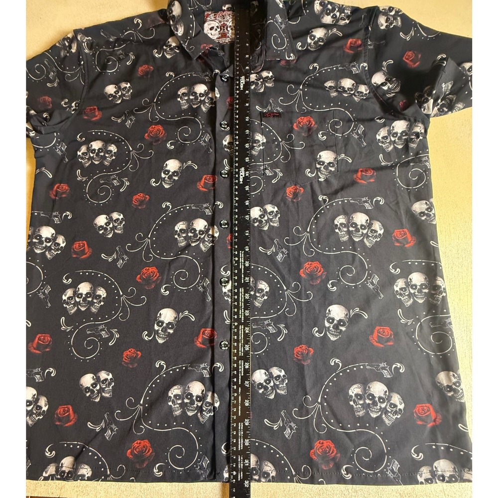 Retro Rifle Skull Rose Graphic Short Sleeve Button Up Shirt 2XL-974 - Picture 8 of 8